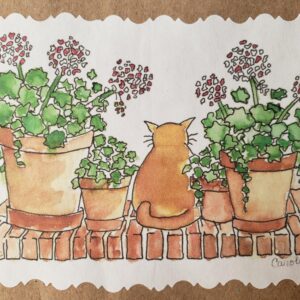 Recycled Paper Bag - Caroline's Kitty with Geraniums